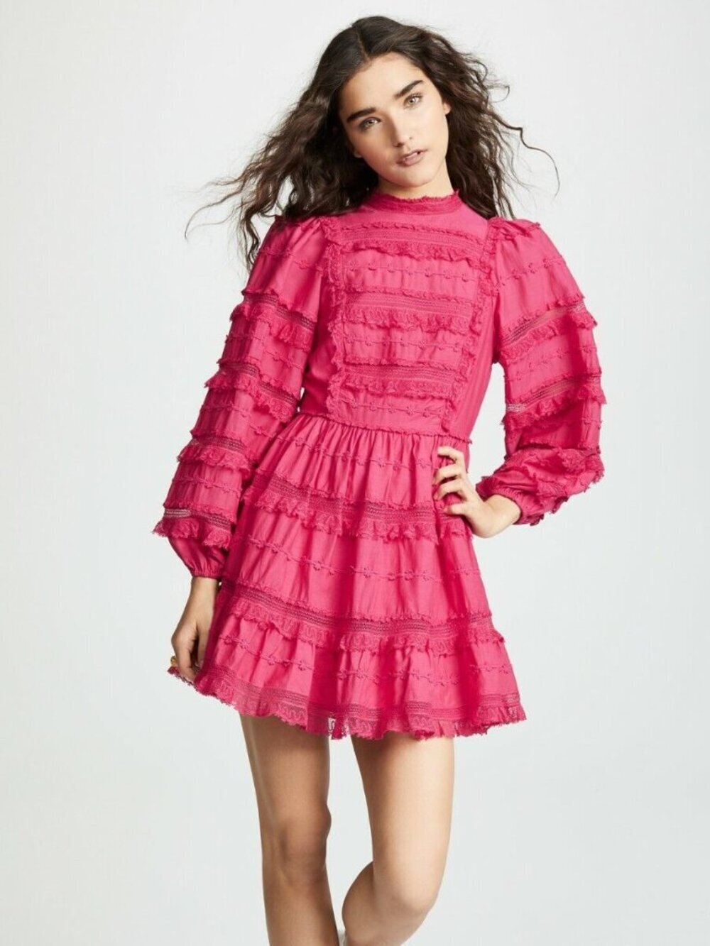 ULLA JOHNSON Amour Fuchsia Pink Cotton Lace Ruffle Balloon Sleeve Dress, Size 6